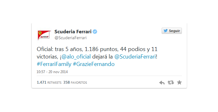 Ferrari comunica la partida de Fernando Alonso a través de Twitter