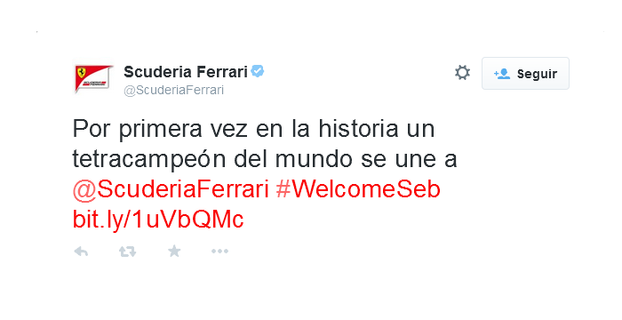 Ferrari anuncia el fichaje del tetracampeón del mundo en Twitter