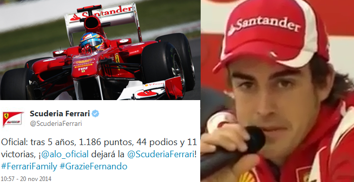 Ferrari anuncia la marcha de Fernando Alonso de la escudería y la incorporación de Sebastian Vettel para la próxima temporada.