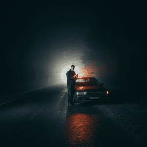 Conductor solo junto a su coche tras un accidente en una carretera secundaria de noche