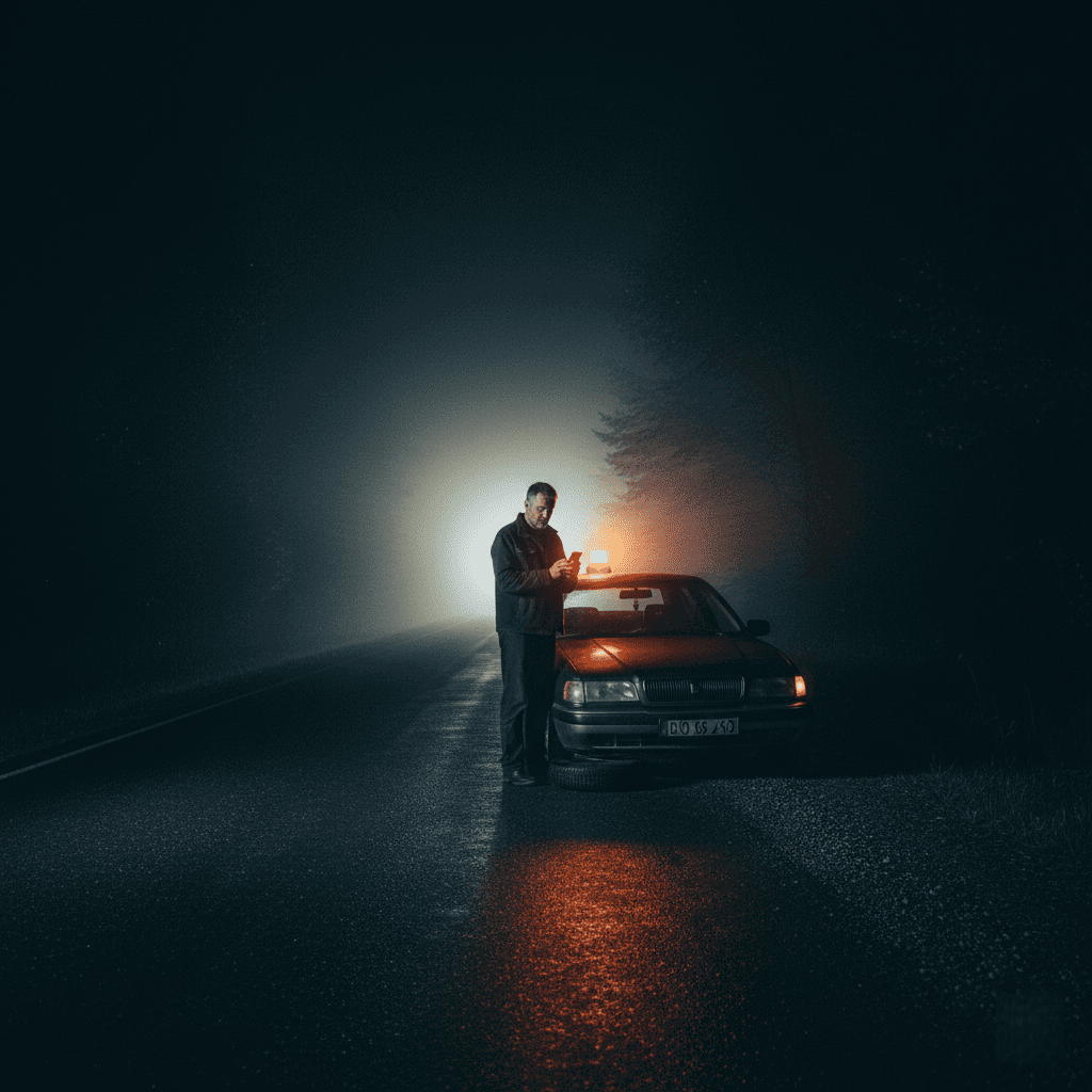 Conductor solo junto a su coche tras un accidente en una carretera secundaria de noche