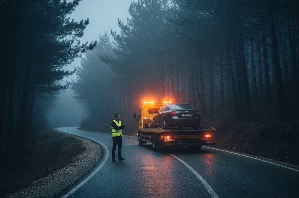 Foto de una grúa recogiendo un coche averiado en la carretera, con el conductor esperando a un lado con chaleco reflectante