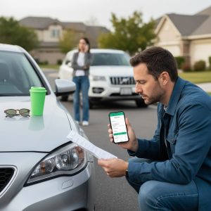 Qué cubre un seguro de coche y qué no cubre realmente Imagen de un conductor revisando las coberturas de su seguro de coche mientras solicita asistencia en carretera tras una avería. El artículo explica qué cubren los seguros a terceros y todo riesgo, las diferencias entre pólizas y cómo funciona la asistencia inteligente en carretera.