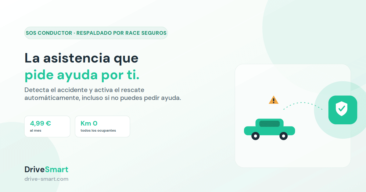 Ilustración de un vehículo con una alerta detectada conectado a un escudo de protección, junto al titular "La asistencia que pide ayuda por ti" y los datos "4,99€ al mes" y "Km 0, todos los ocupantes" — SOS Conductor, respaldado por RACE Seguros