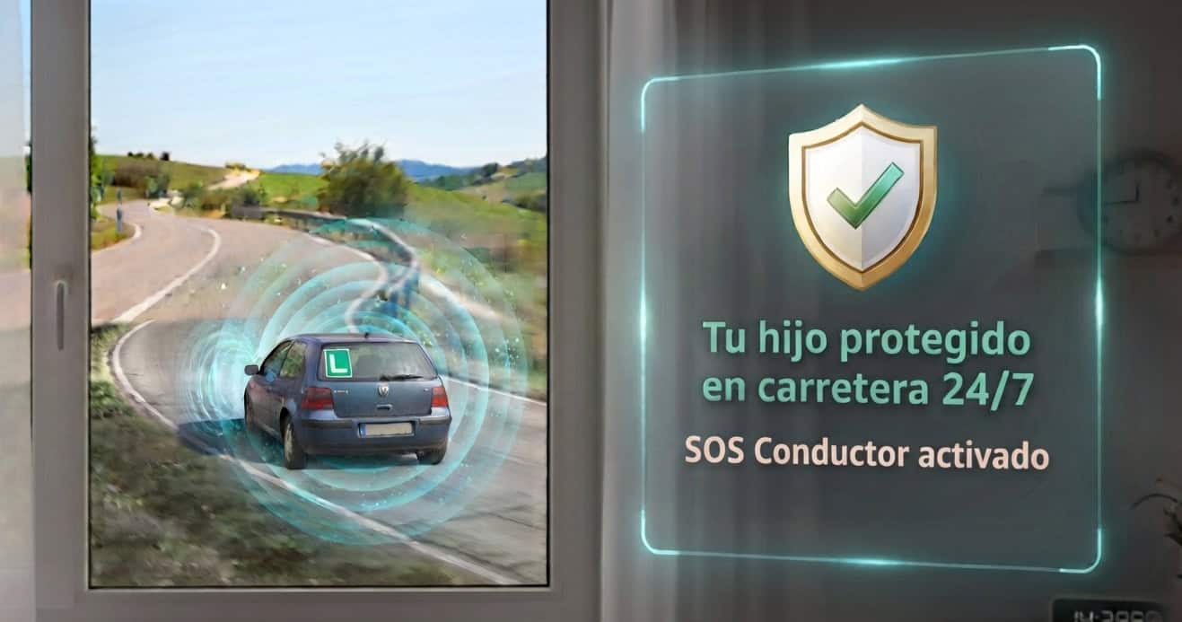 Coche de un hijo novel con SOS Conductor saliendo de casa de sus padres