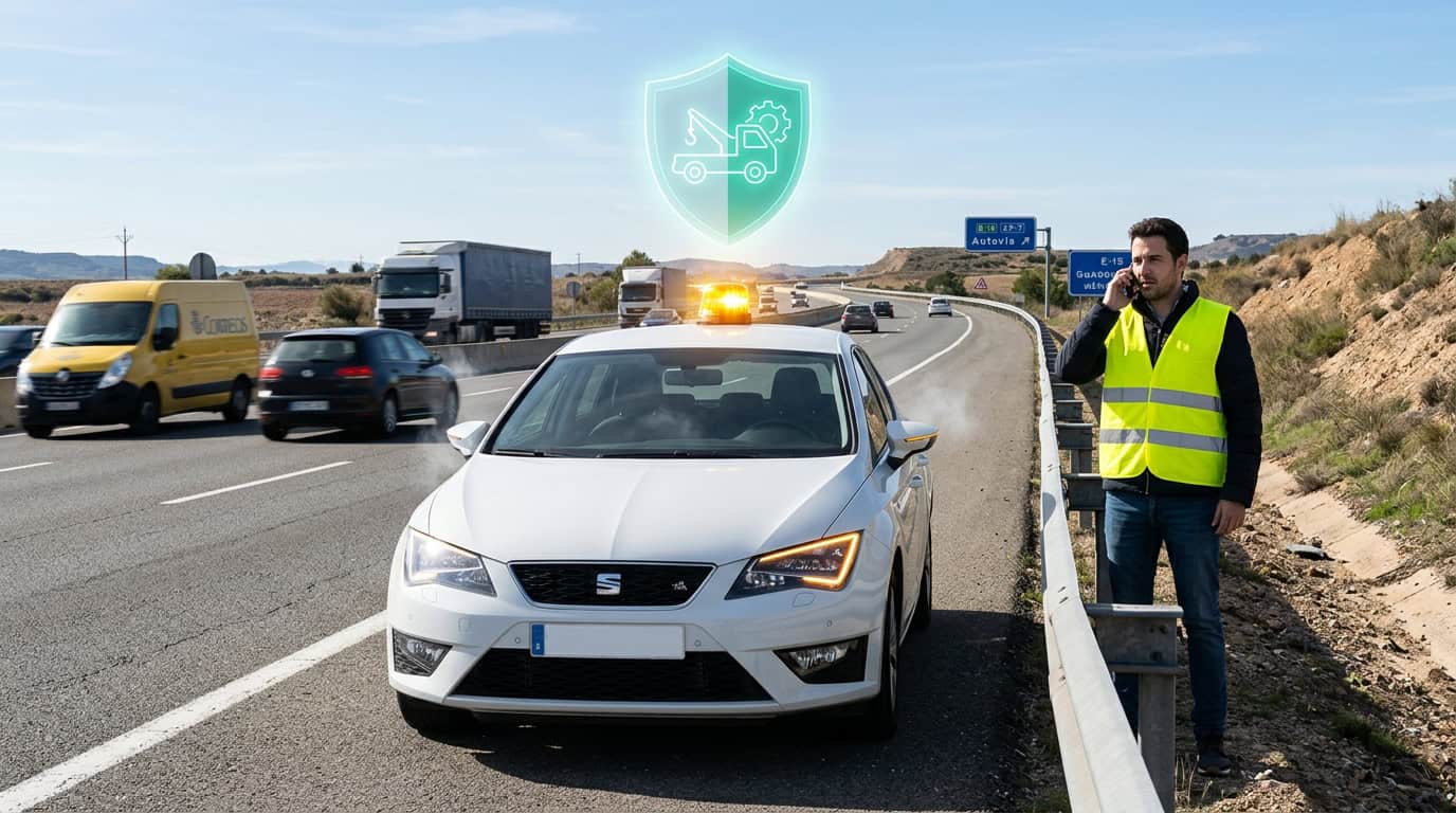 onductor con chaleco reflectante llamando por teléfono detrás del guardarraíl mientras su coche blanco averiado espera en el arcén de una autovía con tráfico