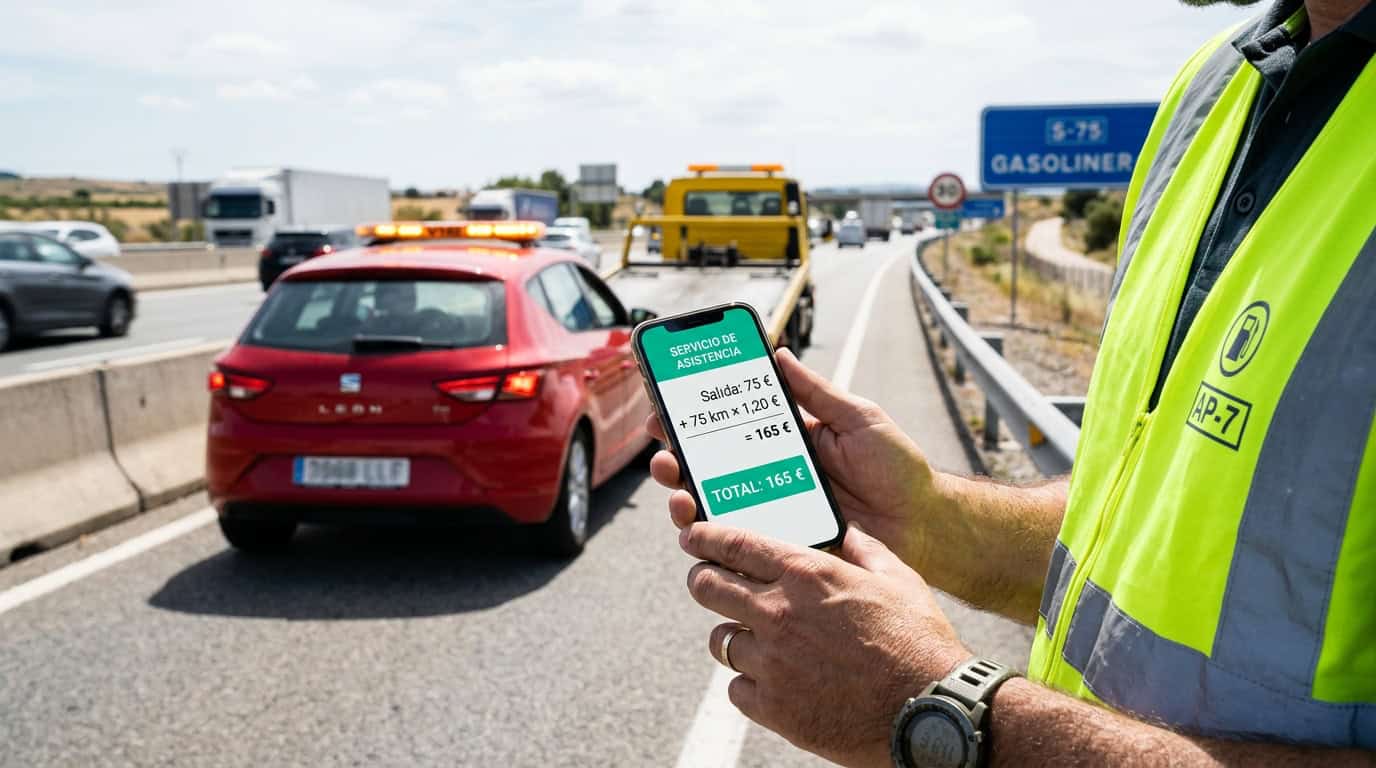 Persona con chaleco reflectante sujetando un móvil con un presupuesto de grúa de 165 euros, salida más 75 km a 1,20 euros, frente a un coche rojo averiado en el arcén de una autovía con la grúa delante