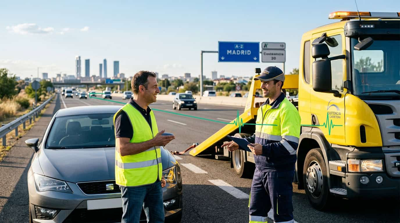 Conductor con chaleco reflectante hablando con el operario de una grúa en una autovía de entrada a Madrid, con los rascacielos de la ciudad al fondo
