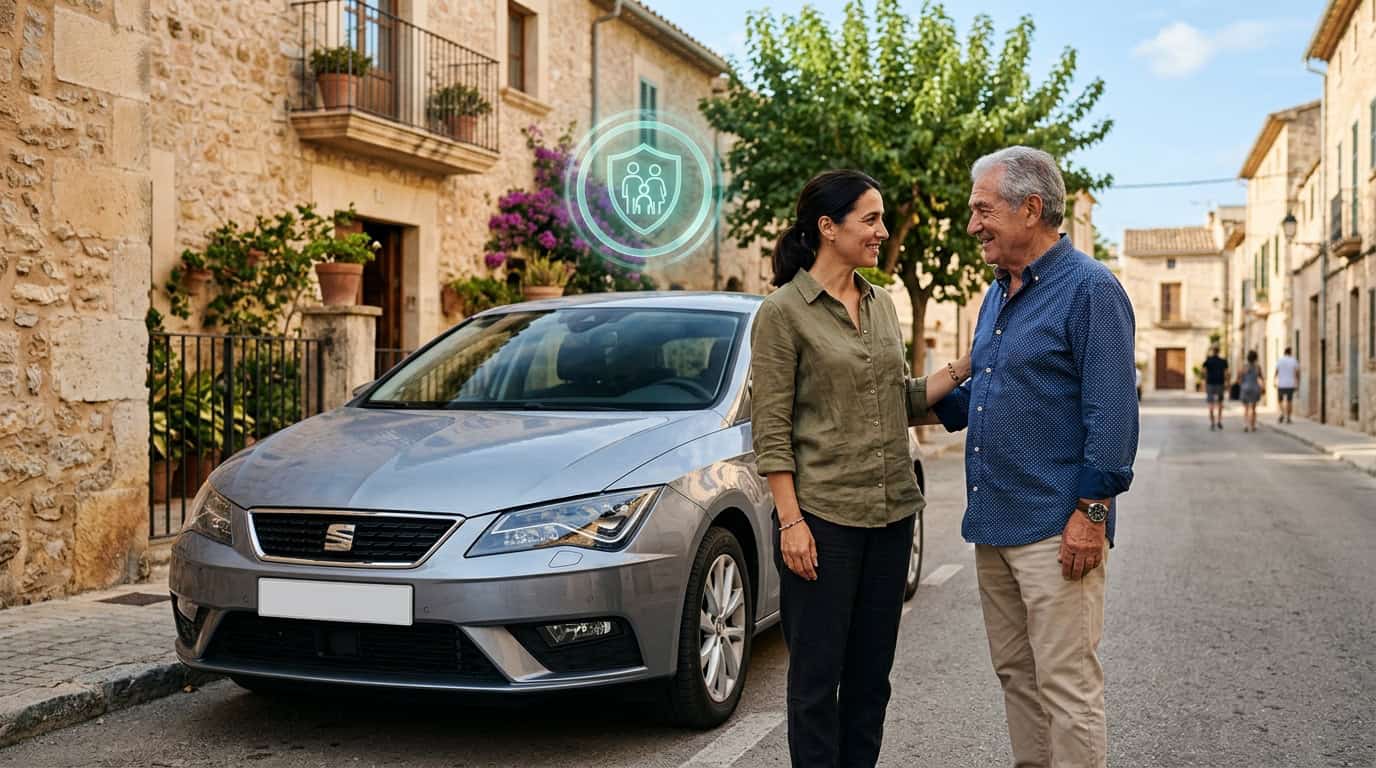 Hija conversando con su padre mayor junto a su coche aparcado en una calle de pueblo con casas de piedra