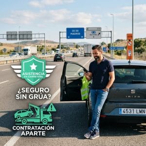 Mi seguro de coche no tiene asistencia en carretera: qué hacer y cómo contratarla aparte Hombre junto a su coche detenido en el arcén de una carretera, pidiendo asistencia en carretera desde el móvil