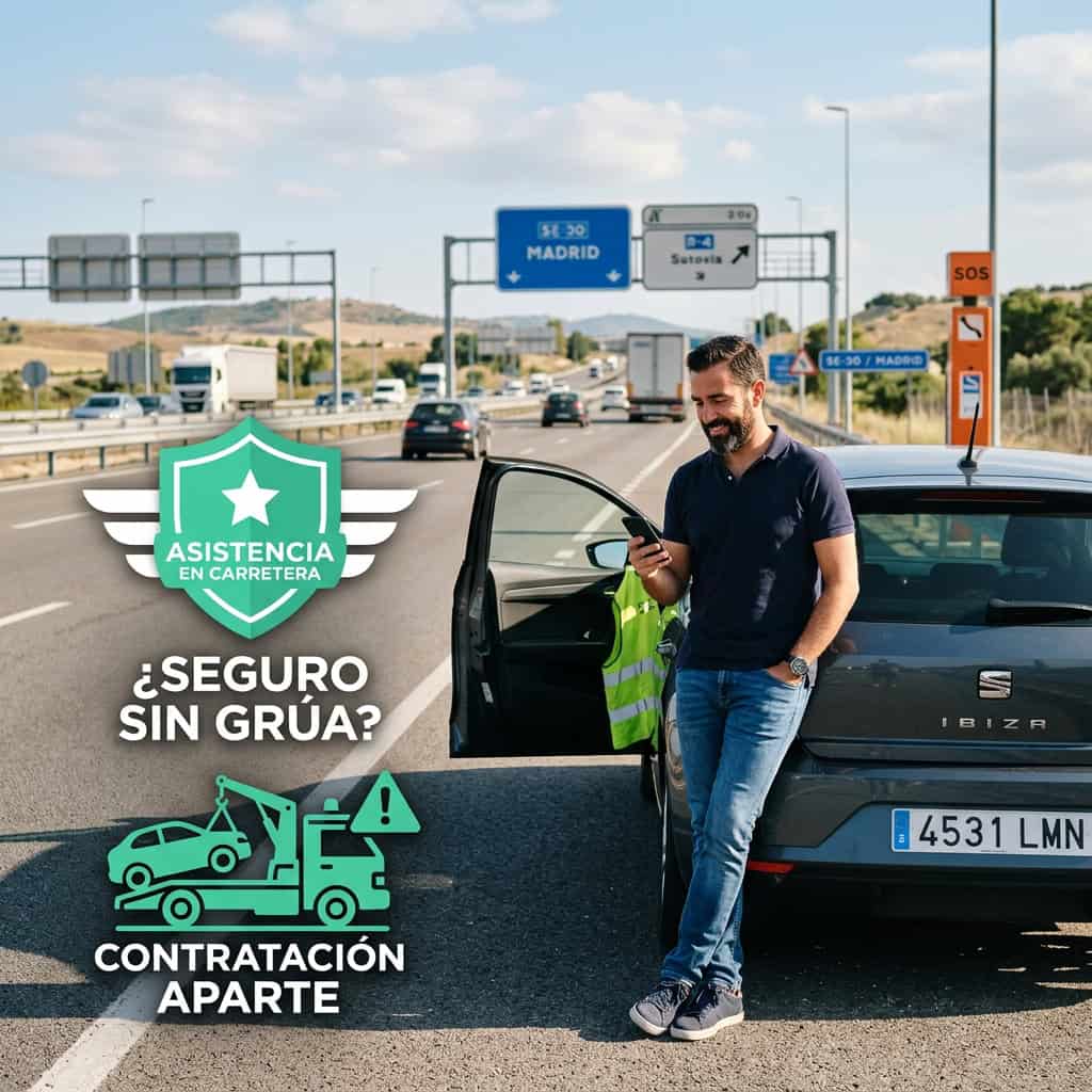 Hombre junto a su coche detenido en el arcén de una carretera, pidiendo asistencia en carretera desde el móvil