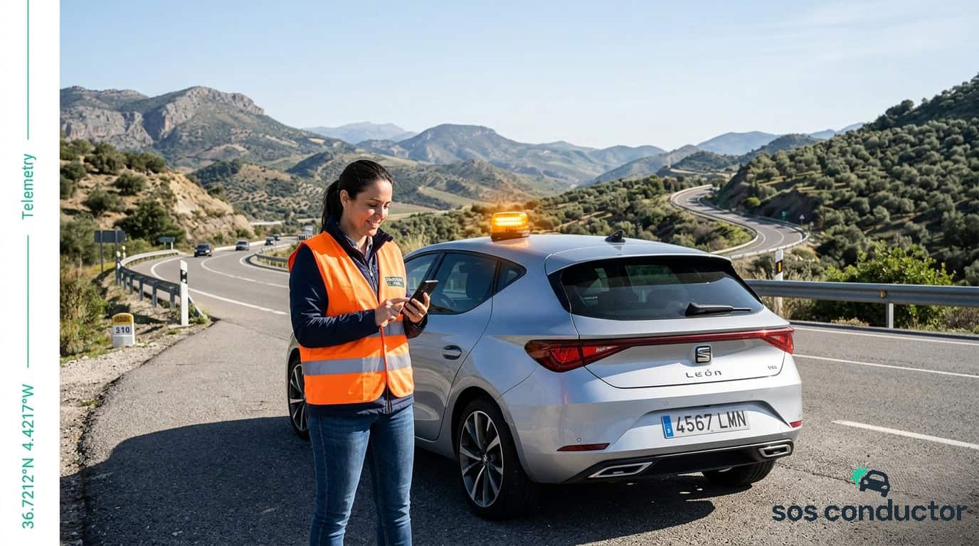 Mujer con chaleco reflectante junto a su coche en el arcén de una carretera de montaña, con la baliza V16 encendida, pidiendo asistencia desde el móvil