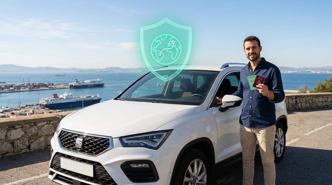Conductor junto a su SUV blanco en un mirador sobre un puerto con ferris, con el pasaporte y la carta verde del seguro en la mano antes de cruzar en barco